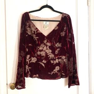Vintage red velvet floral burn out corset bell sleeve blouse